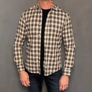 HUGO BOSS Regular Fit Stretch Plaid Shirt XS Beige Black Long Sleeve‎